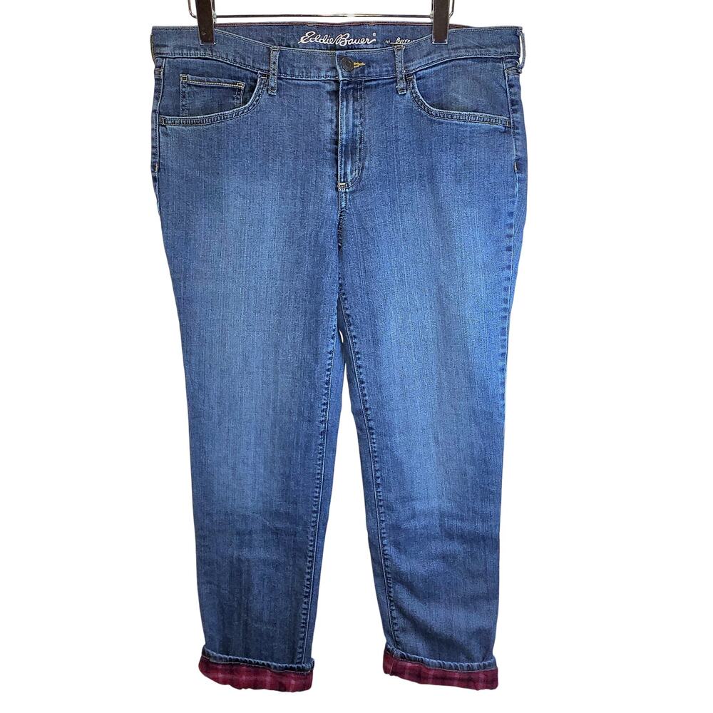 Eddie Bauer Flannel Lined Jeans Boyfriend Fit Womens Sz 14 Medium Wash Red Plaid - Picture 2 of 14